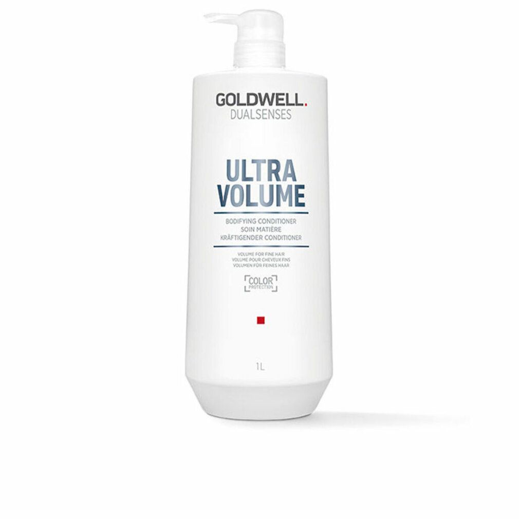 Flacone bianco con pompa. Scritta: GOLDWELL DUALSENSES ULTRA VOLUME. Testo in inglese, francese e tedesco. 1L.