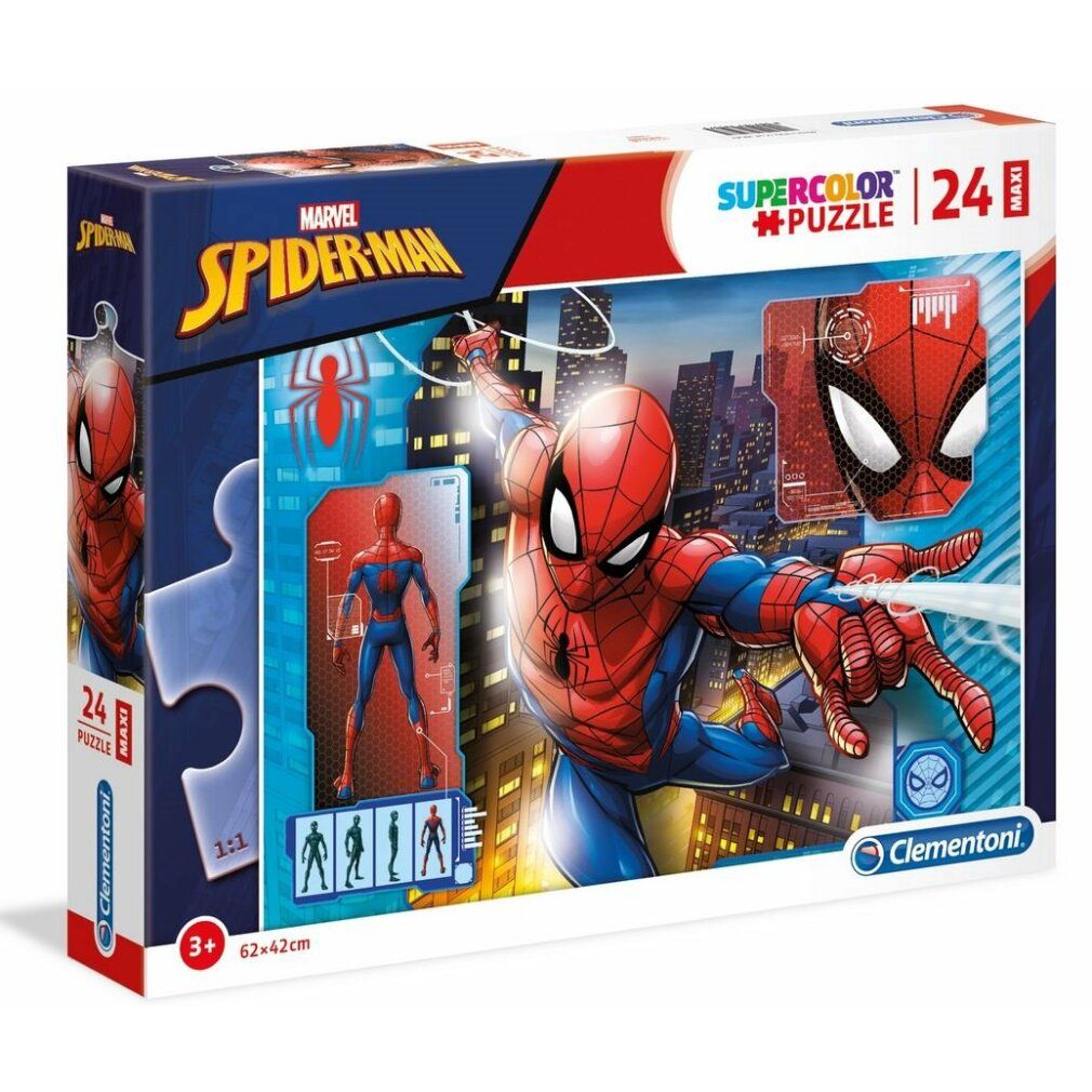 Scatola puzzle Spiderman. 24 pezzi. Marchio Clementoni. Scritte: Marvel, Super Color, Profil maxi. Per bambini dai 3 anni. Pezzo di puzzle visibile.