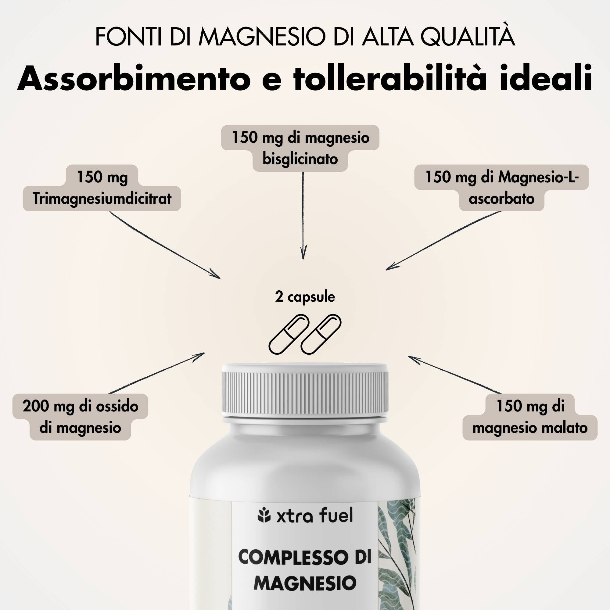 XTRA FUEL Complesso di magnesio - Matrice di magnesio 5 in 1 con bisglicinato e L-ascorbato