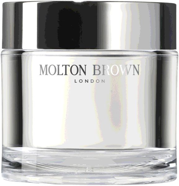 Vaso di vetro con coperchio argentato. Scritta: Molton Brown London. Contiene una crema bianca.