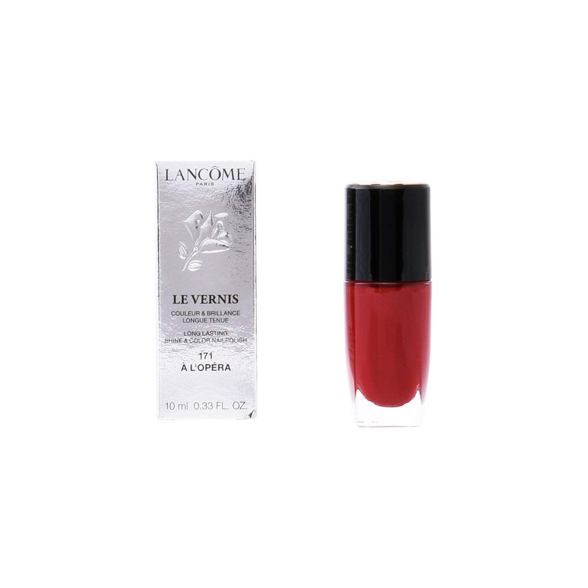 Flacone e scatola smalto rosso. Scatola: "Lancôme Le Vernis". Numero 171.