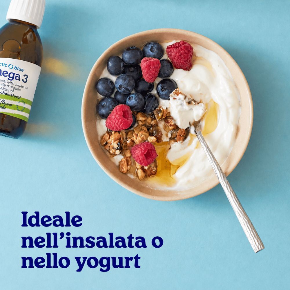 Flacone di olio di alghe Omega 3 al limone, sigillo V-Label Vegan e informazioni sugli ingredienti.