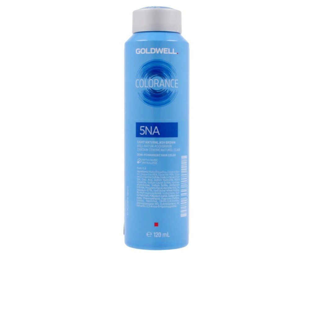 Flacone blu chiaro con tappo bianco. Scritta: GOLDWELL COLORANCE 5NA. Prodotto per capelli.