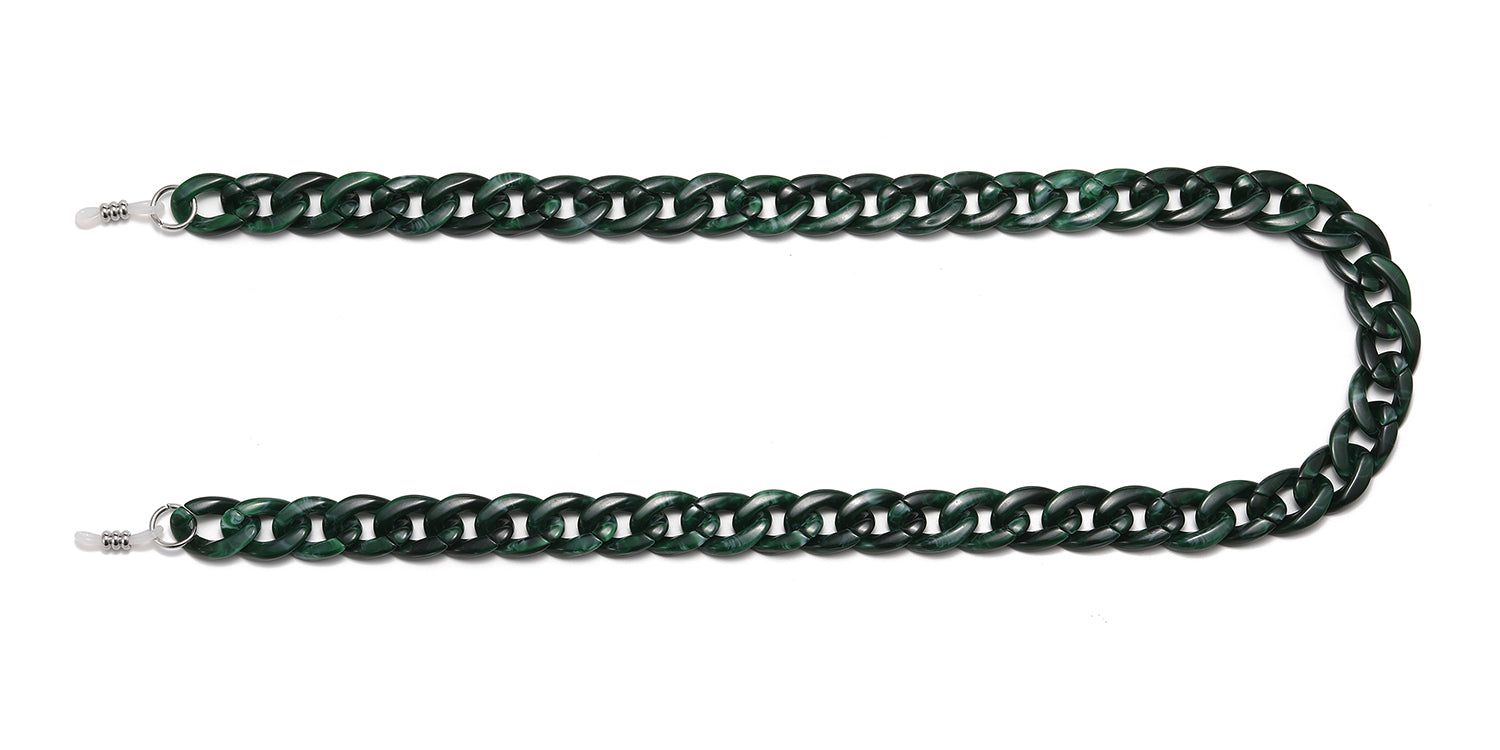 Catena per occhiali verde a forma di U. Maglie in plastica, attacchi in metallo per aste degli occhiali.