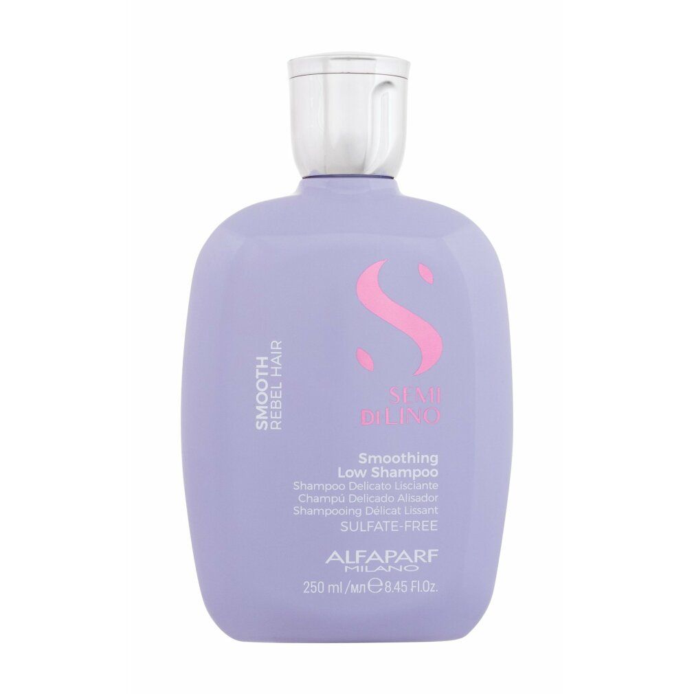Flacone di shampoo viola con tappo argentato. Testo: Smooth Rebel Hair, Semi Di Lino, Smoothing Low Shampoo, senza solfati. Marchio: Alfaparf Milano.