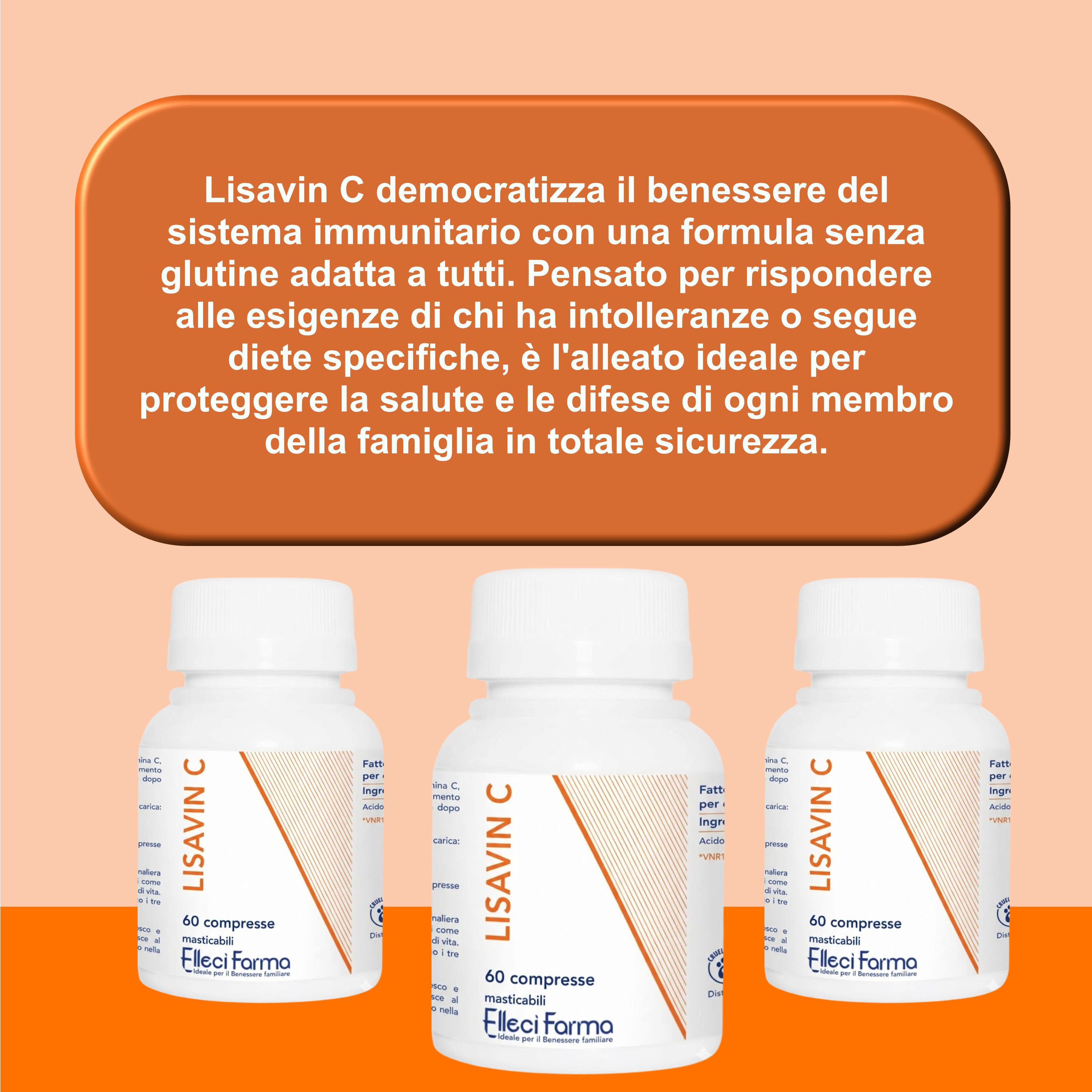 Tre flaconi bianchi con informazioni sul prodotto. Testo sulla formula senza glutine di Lisavin C.