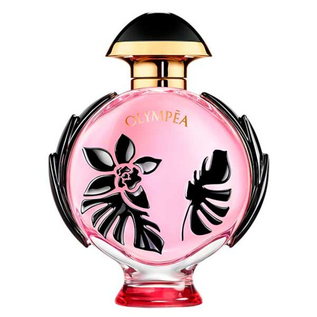 Flacone rotondo rosa, tappo nero e collo dorato. Motivi floreali neri sul vetro. Base rossa.