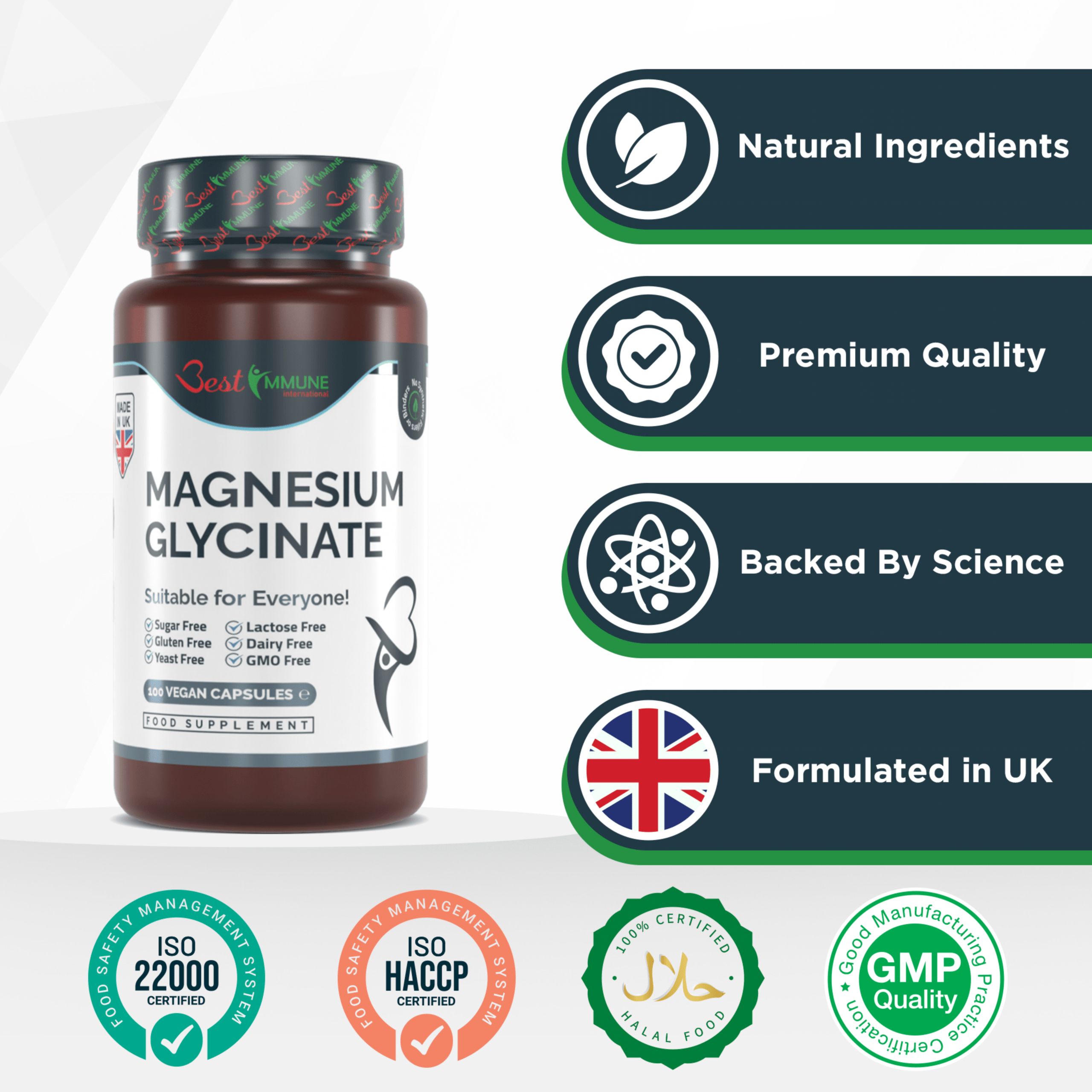 Flacone marrone di magnesio glicinato. Testo: Senza zucchero, senza lattosio, senza latticini, senza OGM. Certificazioni.