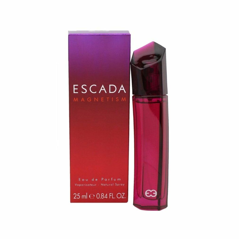Flacone e scatola di Escada Magnetism. Flacone rosa, angolare, con tappo rosa. Scatola con sfumatura da viola a rosso.