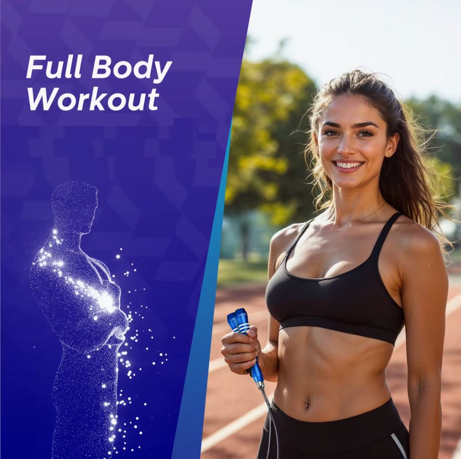 Donna con corda per saltare su pista di atletica. Indossa abbigliamento sportivo. Sagoma di uomo sullo sfondo.