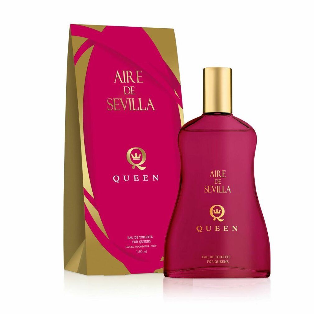 Flacone e confezione rosa. Scritta AIRE DE SEVILLA QUEEN. Tappo dorato. Confezione con accenti dorati.