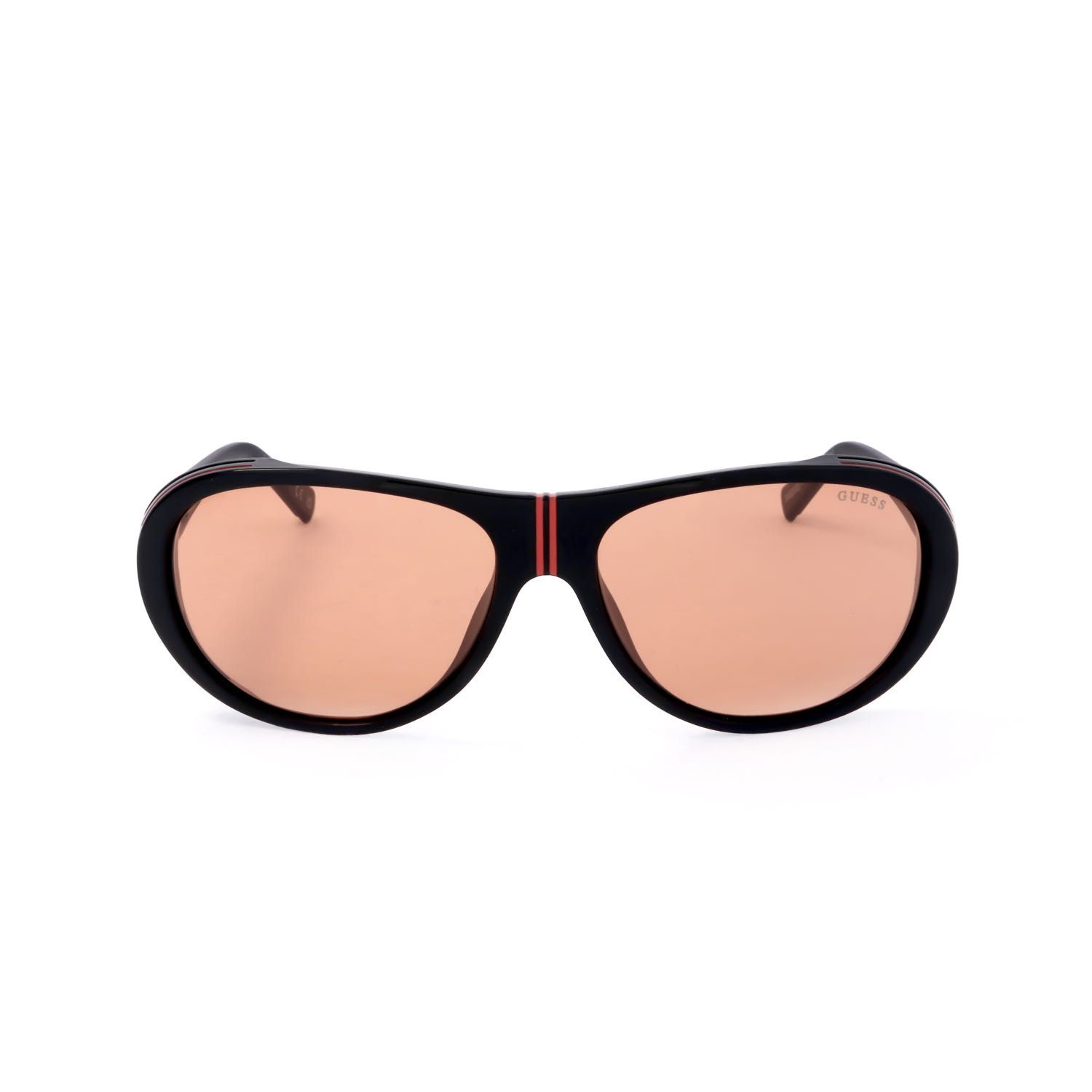 Occhiali da sole neri con lenti rosa e strisce rosse sul ponte.