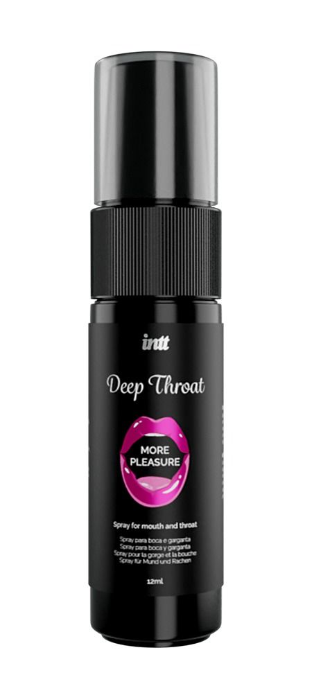 Flacone spray nero con nome del prodotto e illustrazione labbra. Testo: Deep Throat, More Pleasure. Spray per bocca e gola.