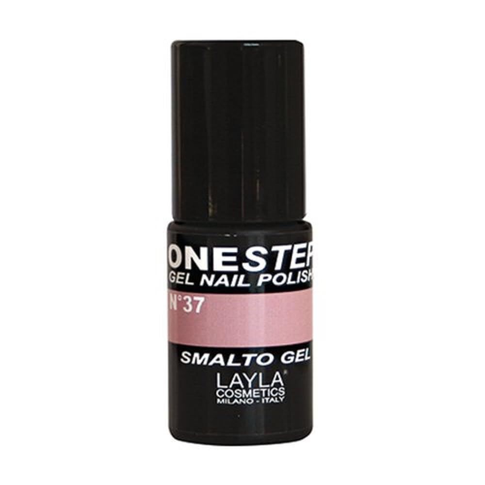 Flacone di smalto per unghie nero. Fascia rosa con testo: ONESTEP GEL NAIL POLISH N°37. SMALTO GEL LAYLA COSMETICS.