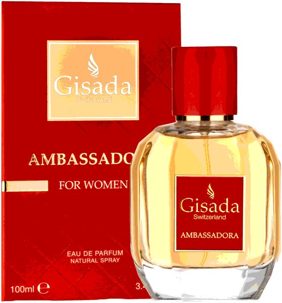 Flacone e confezione rossa. Flacone con tappo rosso ed etichetta "Gisada Ambassadora". Confezione con testo dorato.