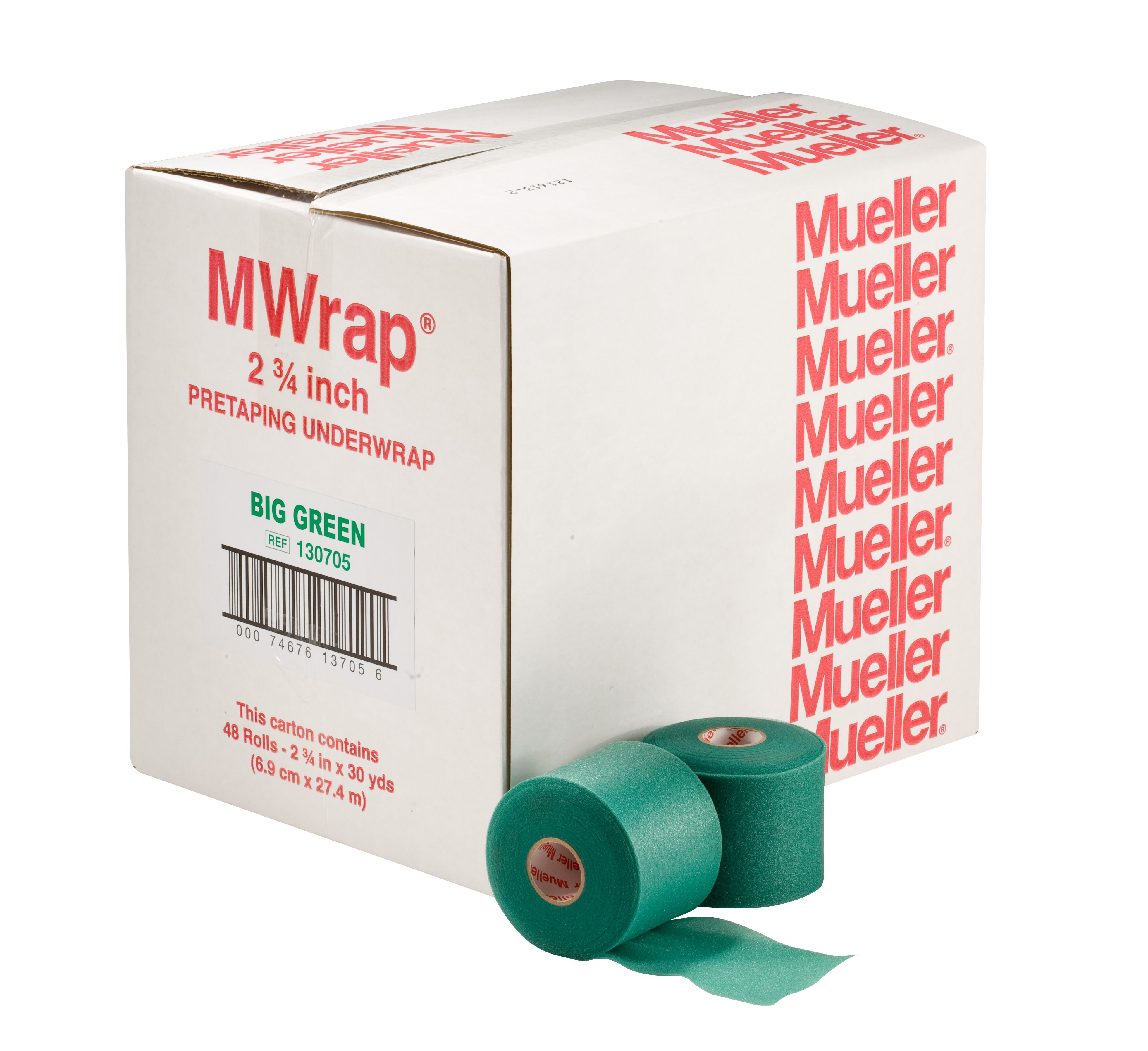 Confezione di M-Wrap verde e rotoli. Scritta: MWrap, 2 3/4 inch, BIG GREEN. Contiene 48 rotoli.