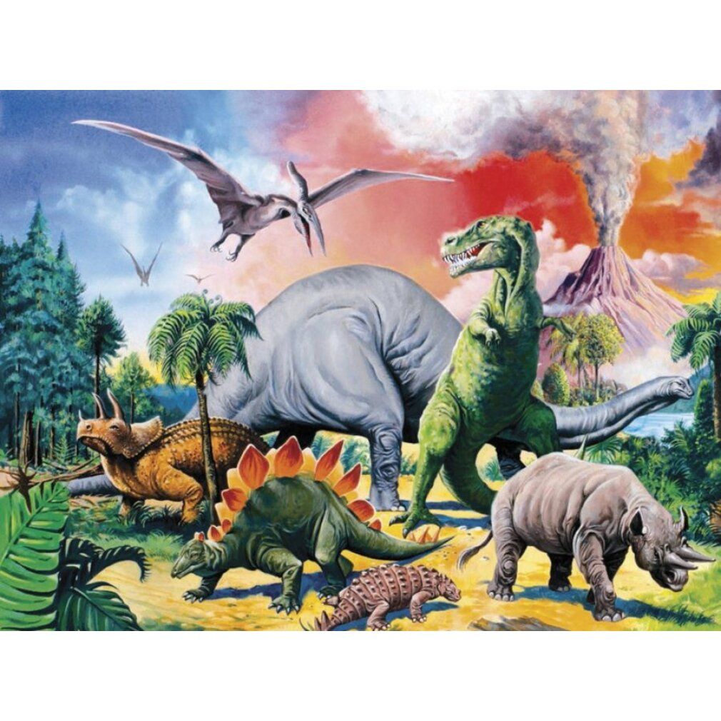 Puzzle con dinosauri. Vari dinosauri in un paesaggio preistorico con vulcano e palme.