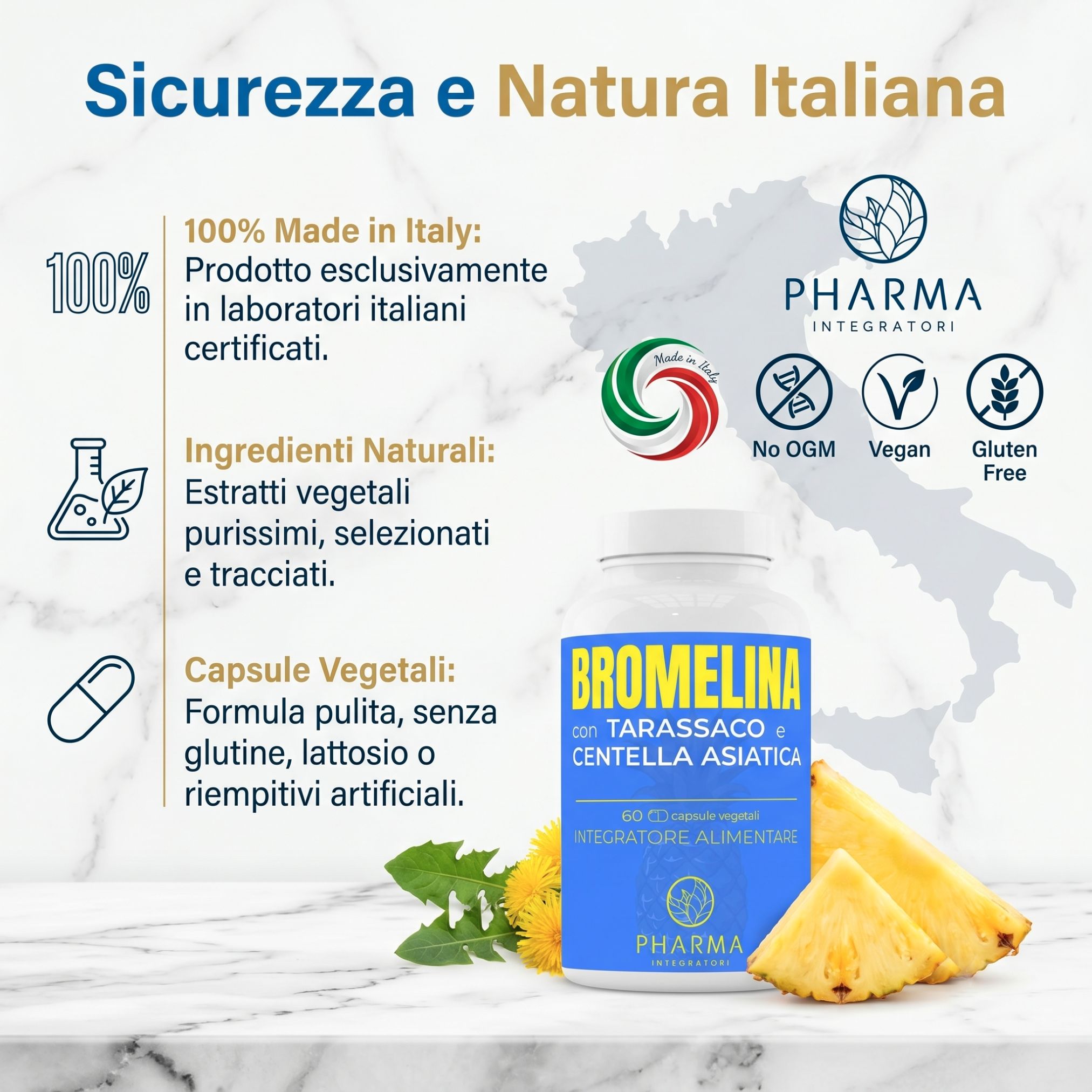 Flacone di Bromelina con Tarassaco e Centella Asiatica, con sigilli di qualità.