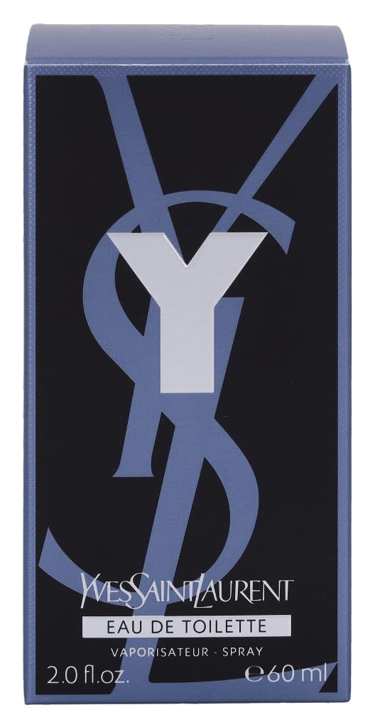Scatola Yves Saint Laurent Y Men E.d.T. Vapo. Logo Y, nome del marchio e descrizione. Sfondo nero.