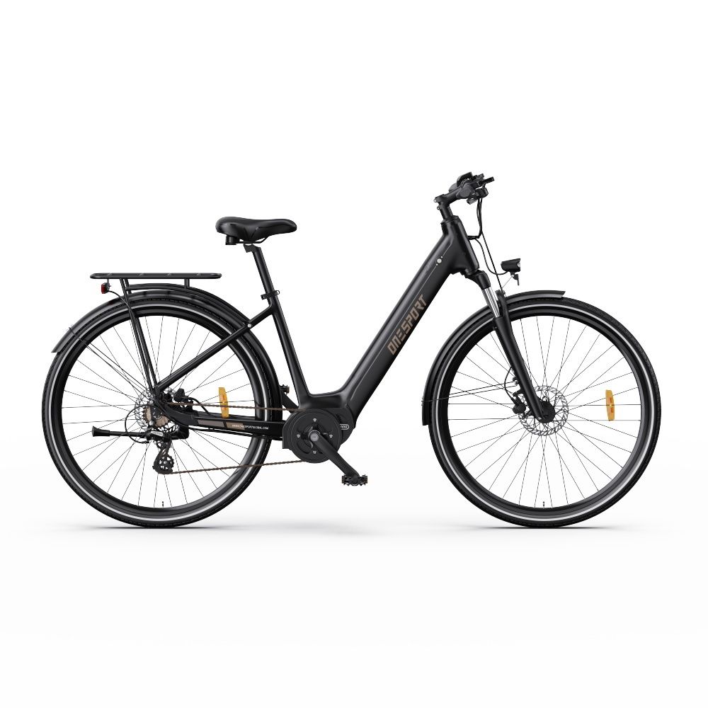 E-bike nera con motore centrale. Ruote, sella, portapacchi e manubrio visibili. "ONESPORT" sul telaio.