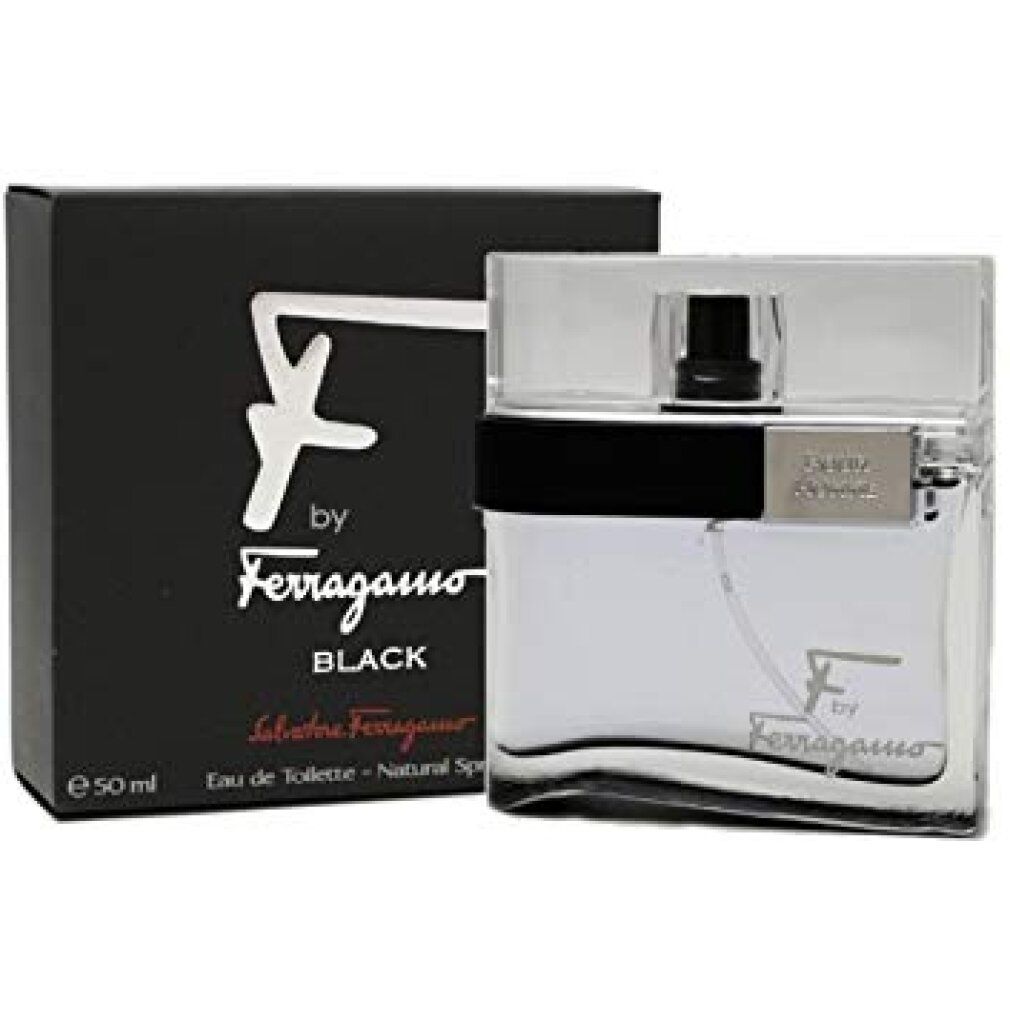 Scatola e flacone neri. Scritta: F by Ferragamo Black. Eau de Toilette Spray. 50 ml.