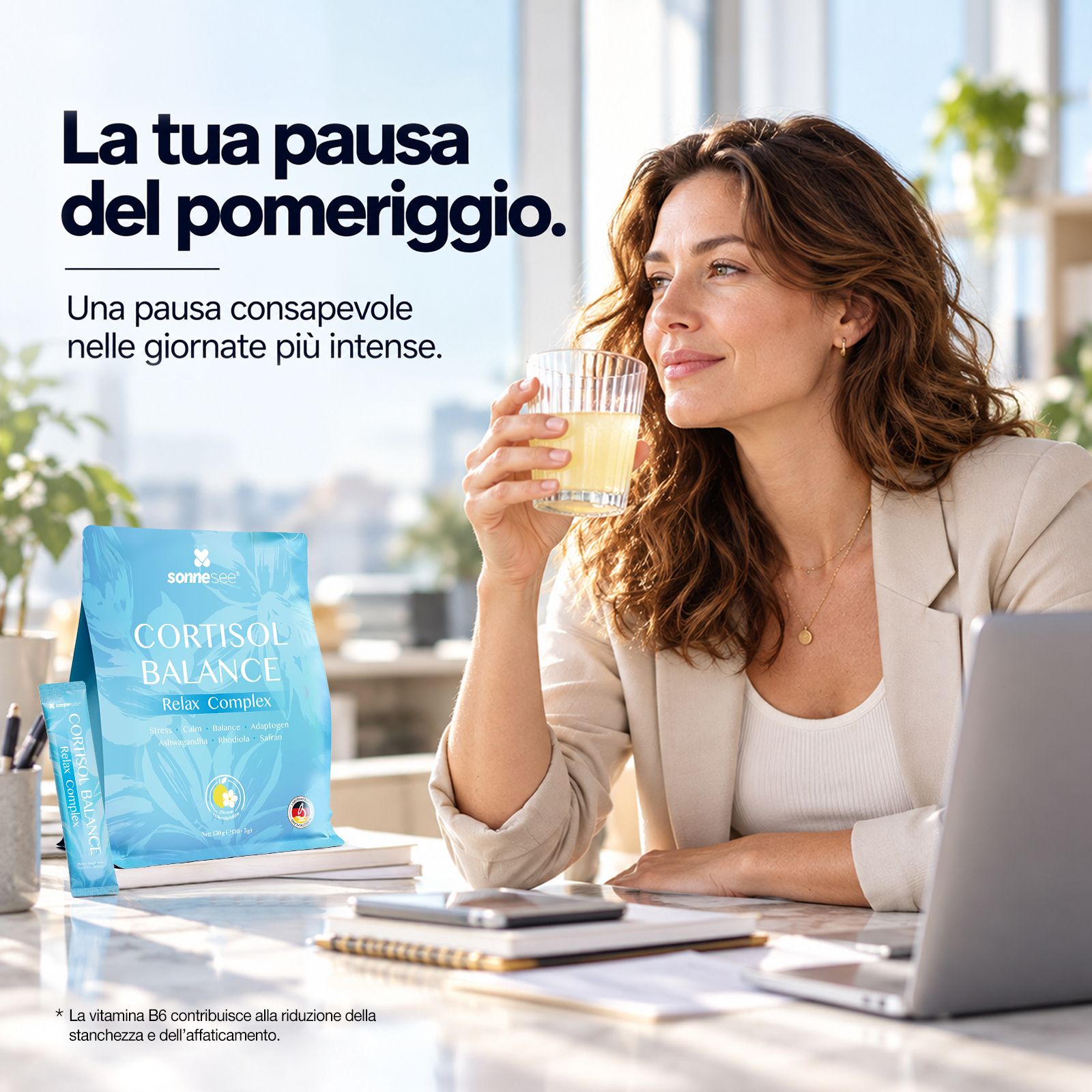 Panoramica ingredienti SonneSee Cortisol Balance: Ashwagandha, L-Teanina, Rodiola, ecc.