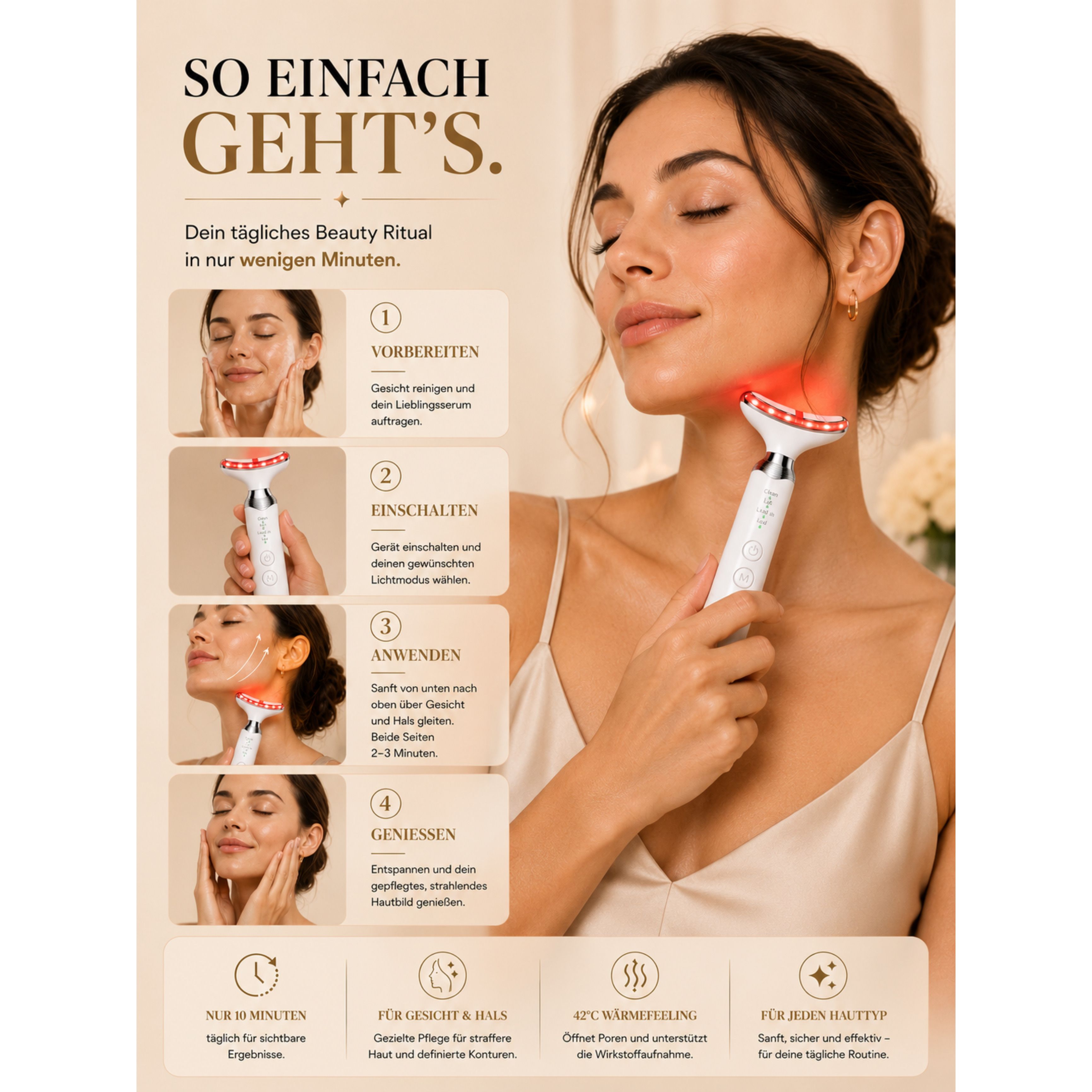 Donna che usa un massaggiatore viso bianco con LED rossi sul collo.