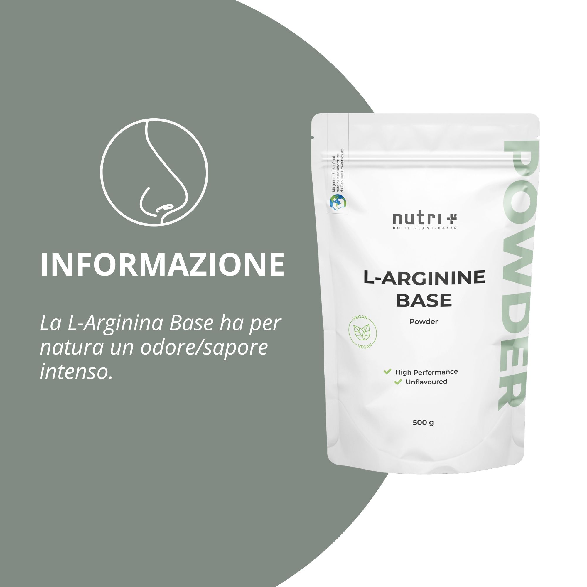 Grafica con prodotto e testo. L-Arginina Base ha un odore/sapore intenso.