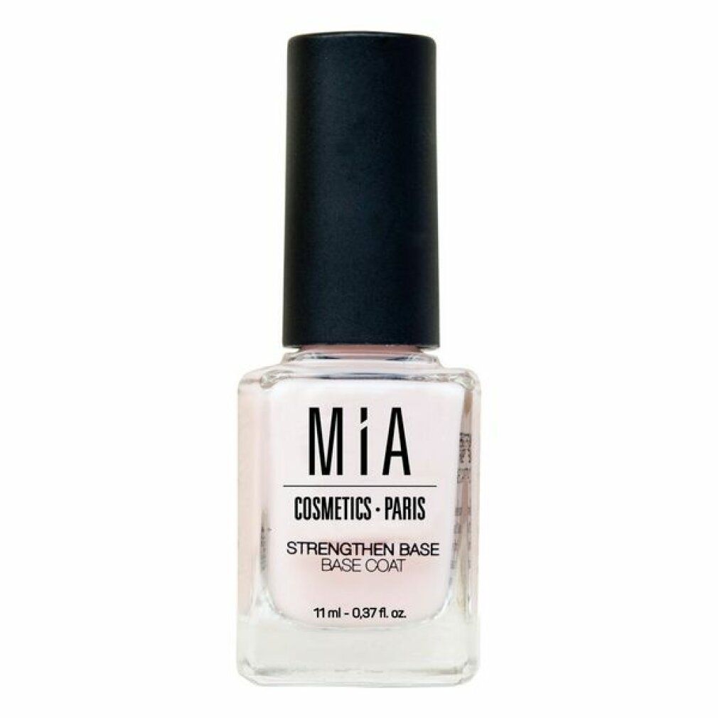 Flacone di smalto con tappo nero. Scritta: Mia, Cosmetics-Paris, Strengthen Base Base Coat. Contenuto rosa.