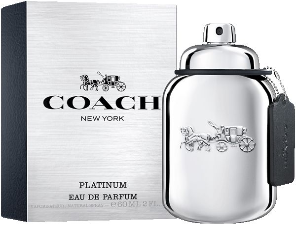 Flacone Coach Platinum Eau de Parfum, color argento, con ciondolo.