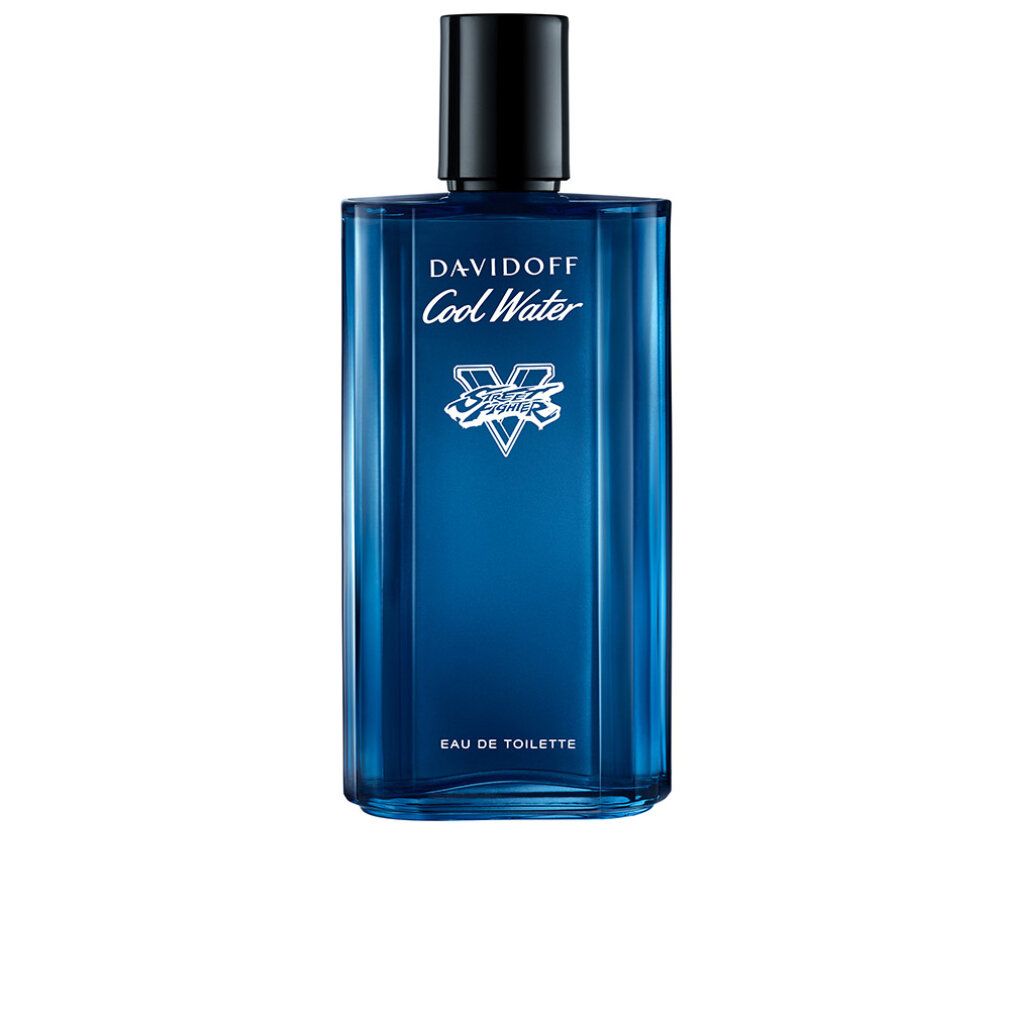 Flacone di profumo blu con tappo nero. Scritta: Davidoff Cool Water Street Fighter Edition.