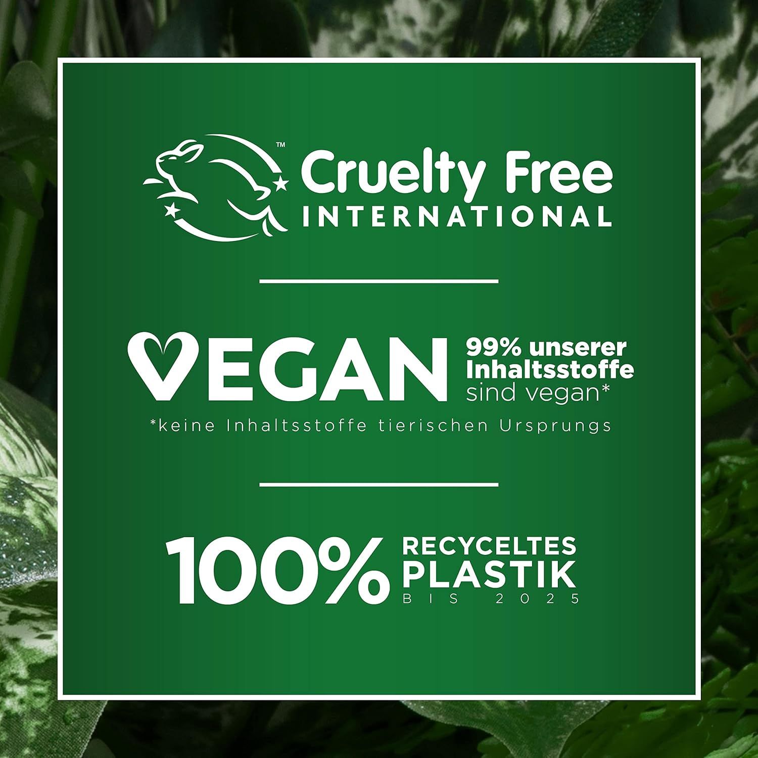 Logo Cruelty Free International, logo Vegan, 100% plastica riciclata entro il 2025. Sfondo verde.