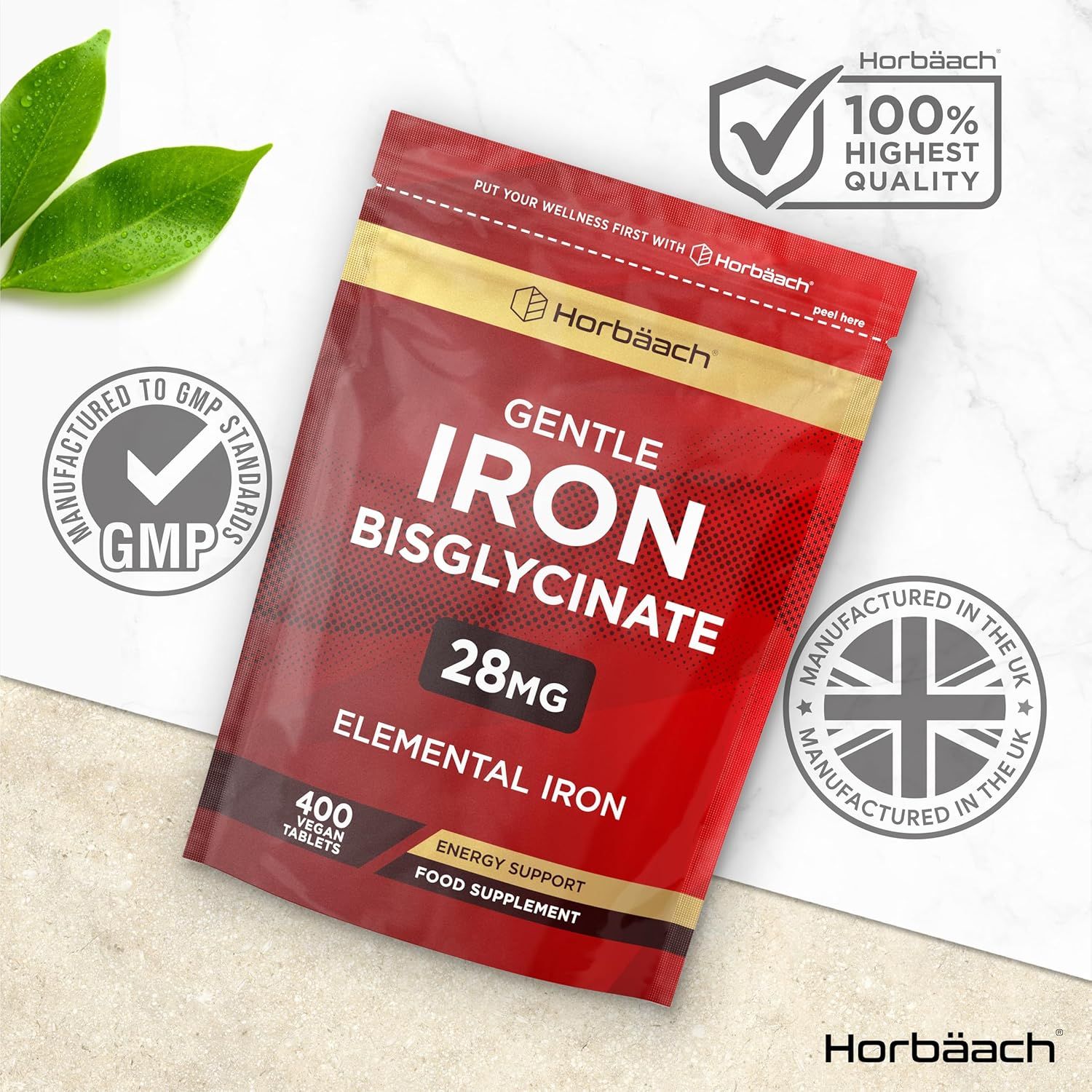 Busta con etichetta rossa. Testo: Gentle Iron Bisglycinate, 28mg, 400 compresse. Certificazione GMP. Prodotto nel Regno Unito. 100% altissima qualità.