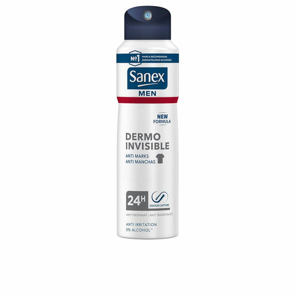 Sanex Men Dermo Invisible Deodorante Spray. Flacone spray bianco con tappo blu. Nome del prodotto e caratteristiche stampate.