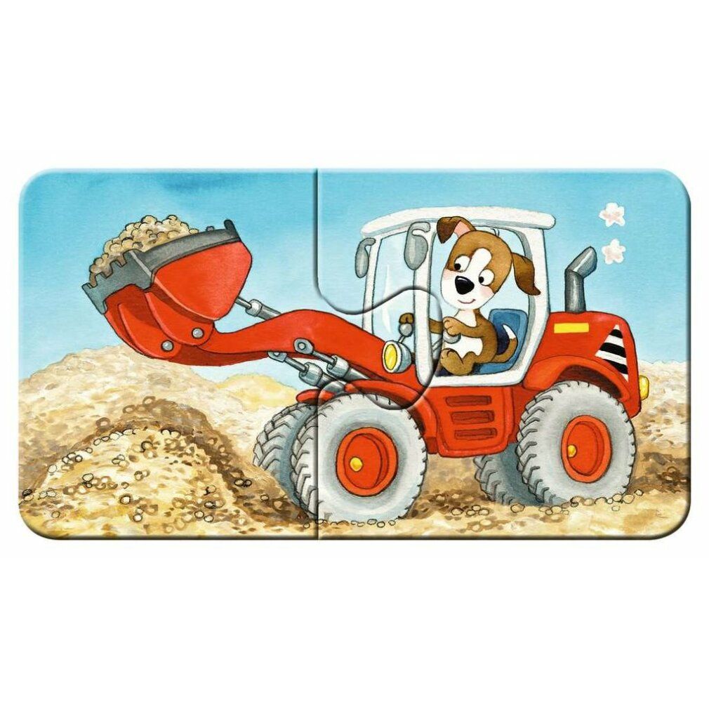 Due pezzi di puzzle mostrano un orso con un elmetto che utilizza una betoniera.