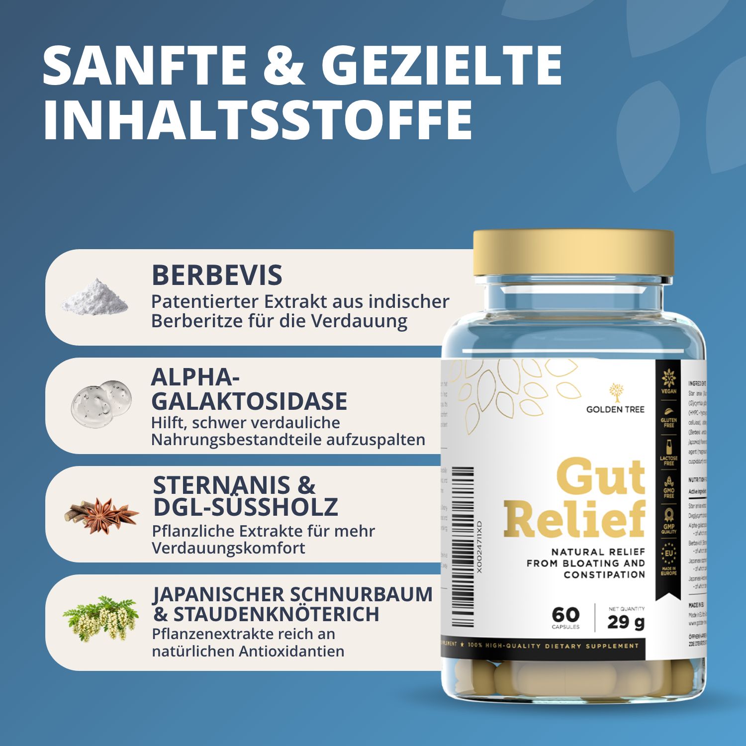 Flacone di 60 capsule Golden Tree Gut Relief, 29g. Con anice stellato e foglie.