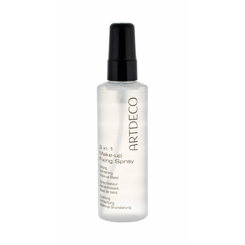 Spray fissante trucco Artdeco. Flacone trasparente con erogatore nero. Testo: 3 in 1 Make-up Fixing Spray.