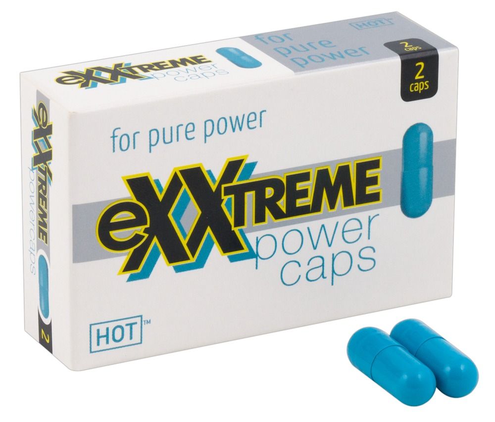 Due capsule blu accanto alla confezione "eXXtreme power caps".
