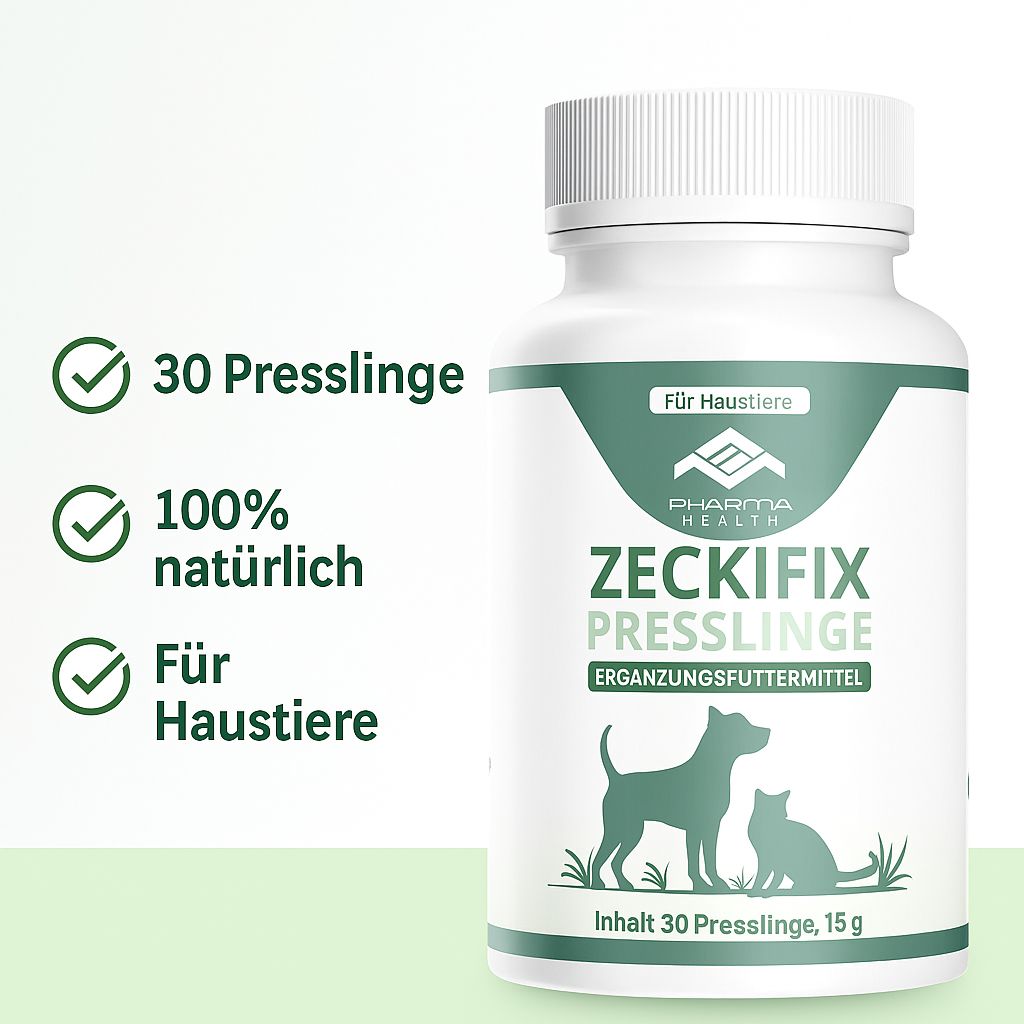 Flacone bianco con etichetta verde. Scritta: Zeckifix Presslinge, Pharma Health. 30 compresse, 100% naturale, per animali.