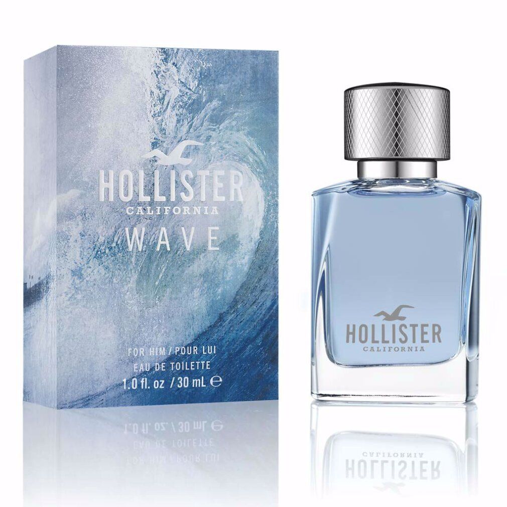 Flacone e confezione Hollister Wave Eau de Toilette. Flacone quadrato, azzurro chiaro. Confezione con motivo a onde e logo.