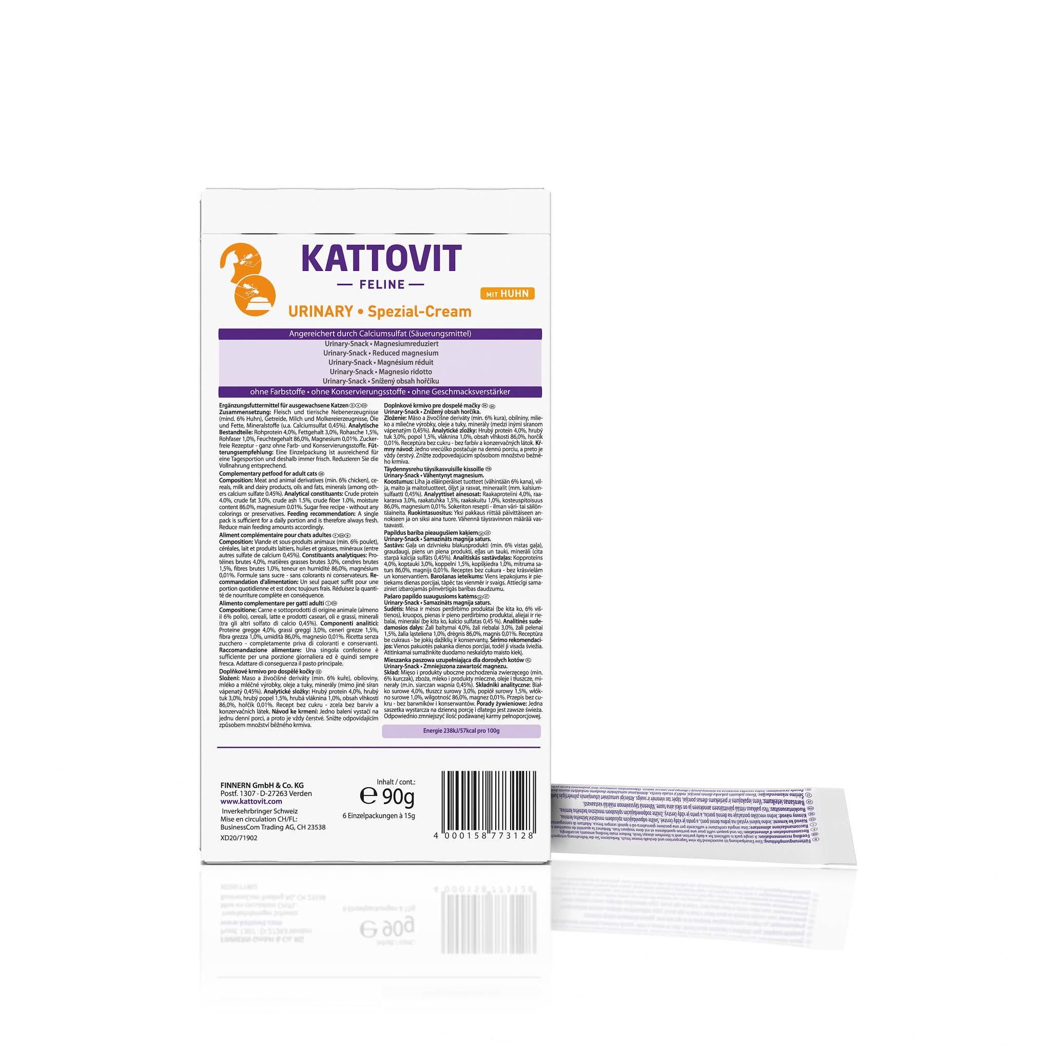 Retro della confezione KATTOVIT Urinary Spezial-Cream. Testo in più lingue. Nome del prodotto e peso (90g) visibili.