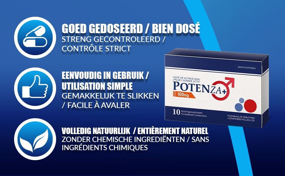 Confezione di compresse. Testo: Potenza+ 100mg. Ben dosato, controllo rigoroso. Uso semplice. Completamente naturale.