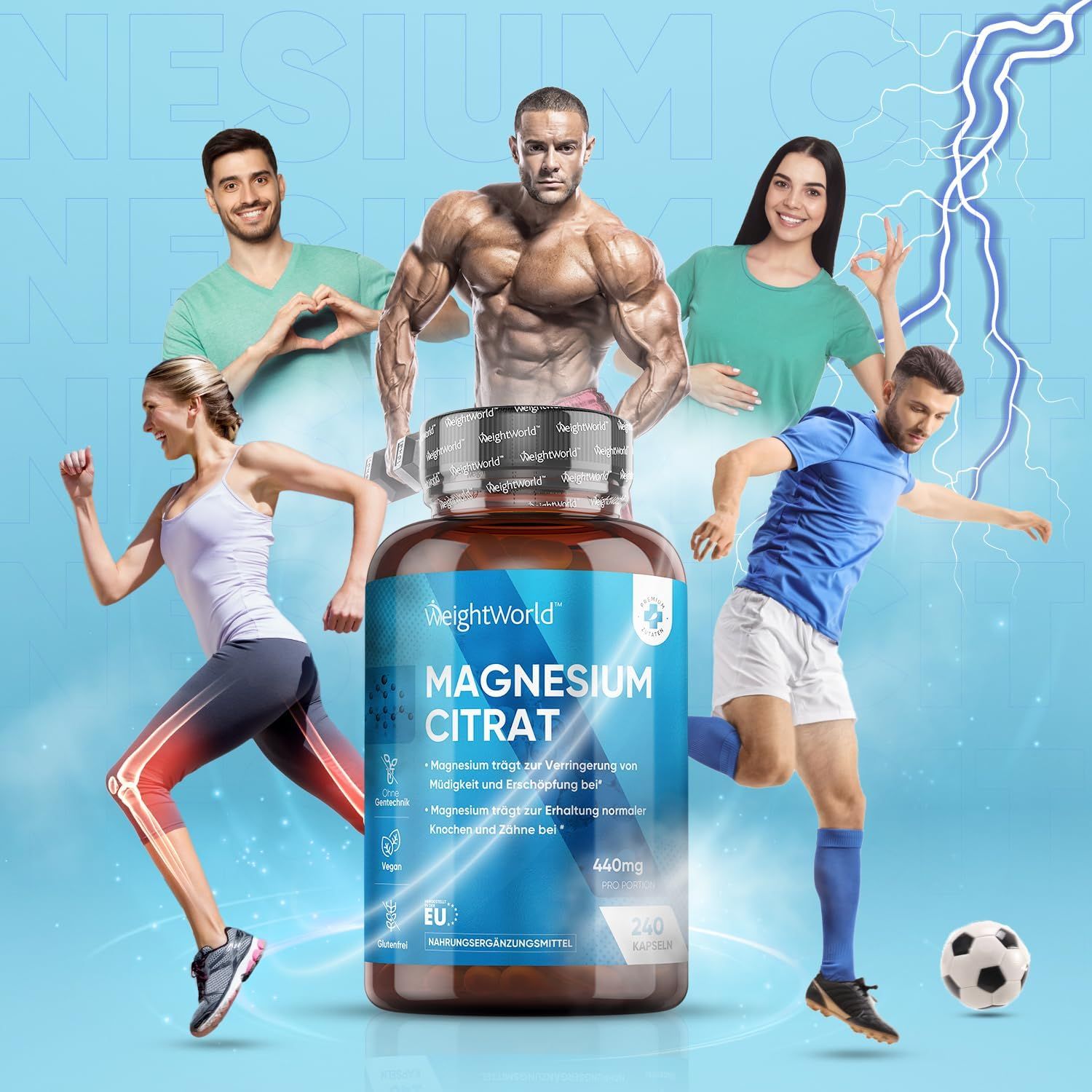 Flacone di Magnesium Citrato circondato da persone che fanno sport. Scritta: WeightWorld Magnesium Citrato, 240 capsule.