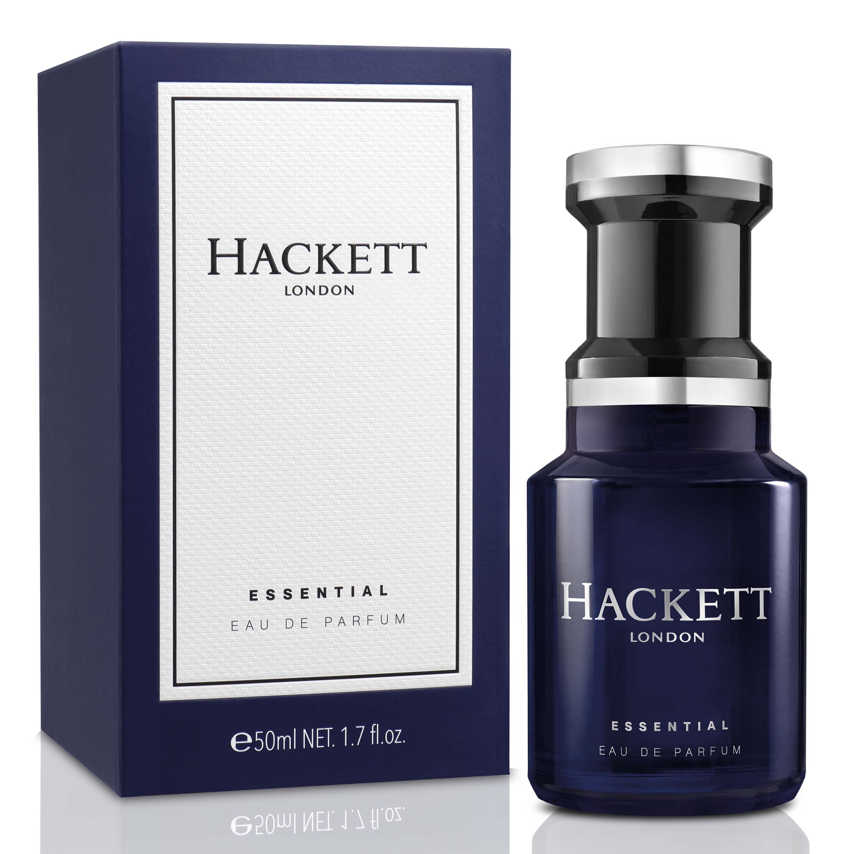 Flacone e confezione blu scuro. Scritta: Hackett London, Essential Eau de Parfum. Tappo argentato.