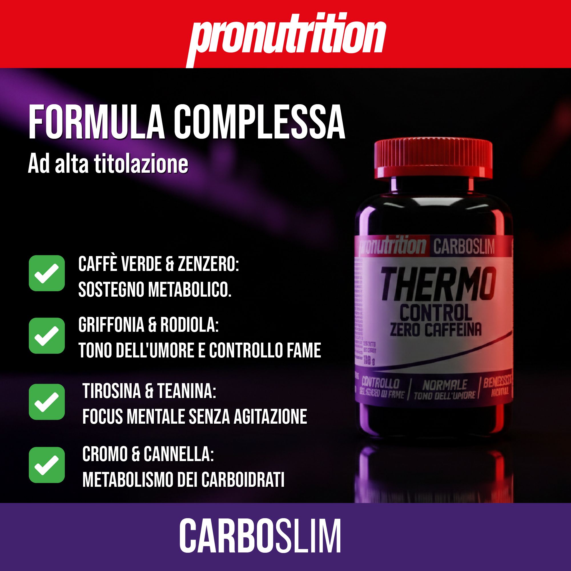 Flacone nero con tappo rosso. Scritta: Thermo Control Zero Caffeine. Con segni di spunta verdi e testo.