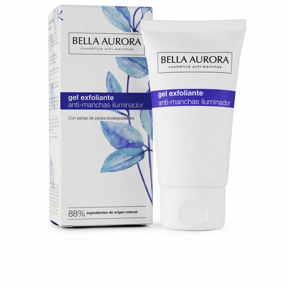 Tubo e scatola bianchi con testo e nome del prodotto. Accenti blu. "Gel esfoliante anti-macchie illuminante".