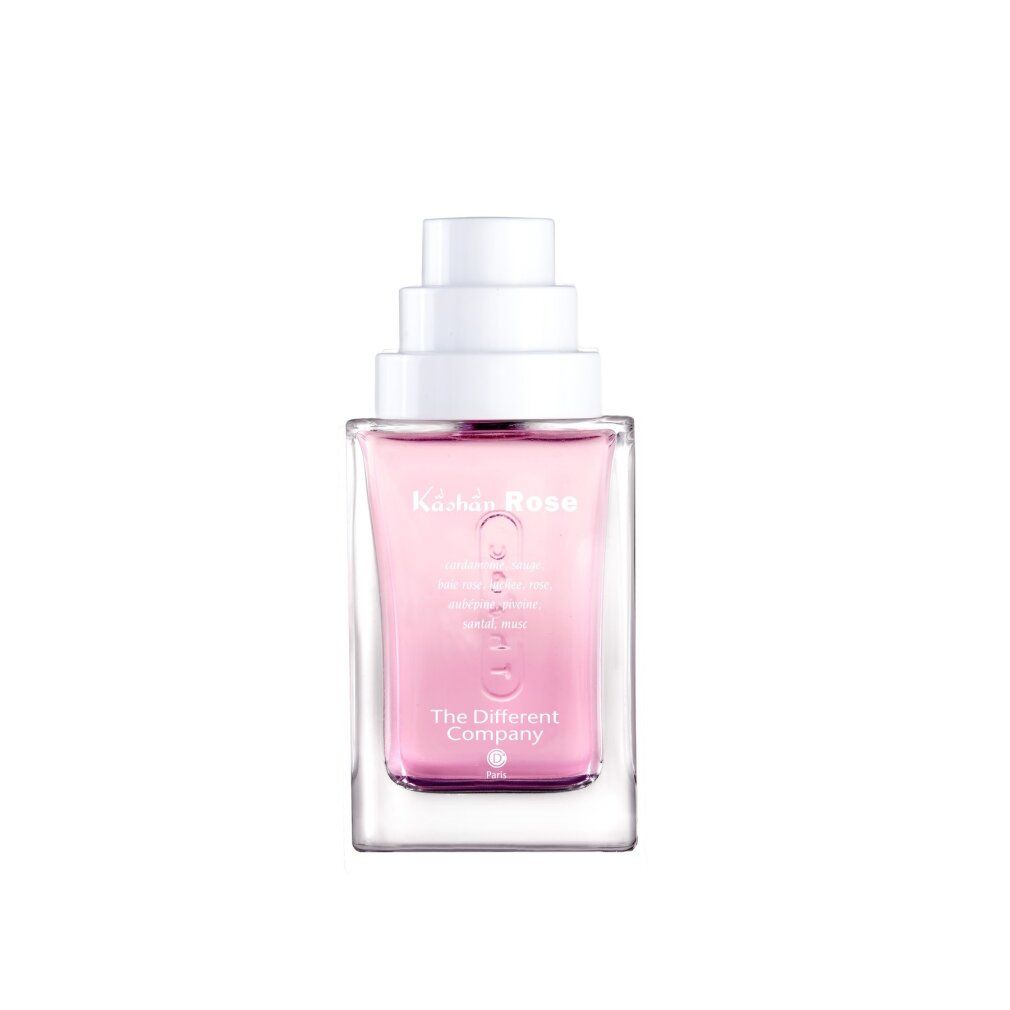 Flacone quadrato con liquido rosa e vaporizzatore bianco. Nome del prodotto e logo sul flacone.