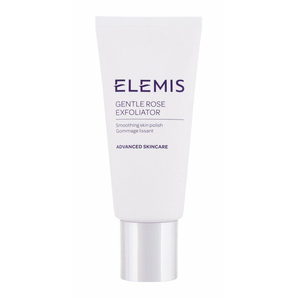Tubo bianco con tappo argentato. Scritta: Elemis, Gentle Rose Exfoliator. Testo: Smoothing skin polish, Gommage lissant.