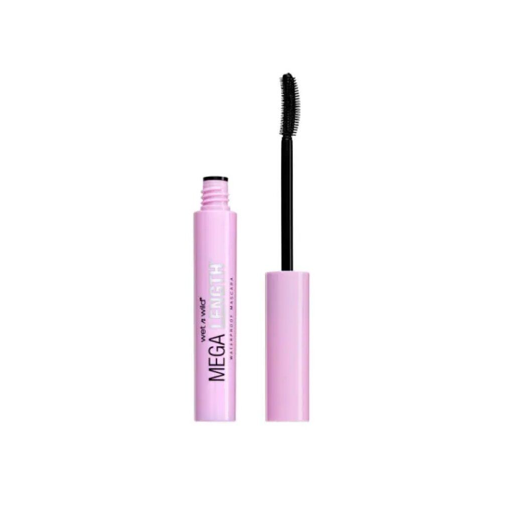 Tubo di mascara rosa con spazzola nera. Scritta: Wet n Wild MEGA LENGTH Waterproof Mascara.