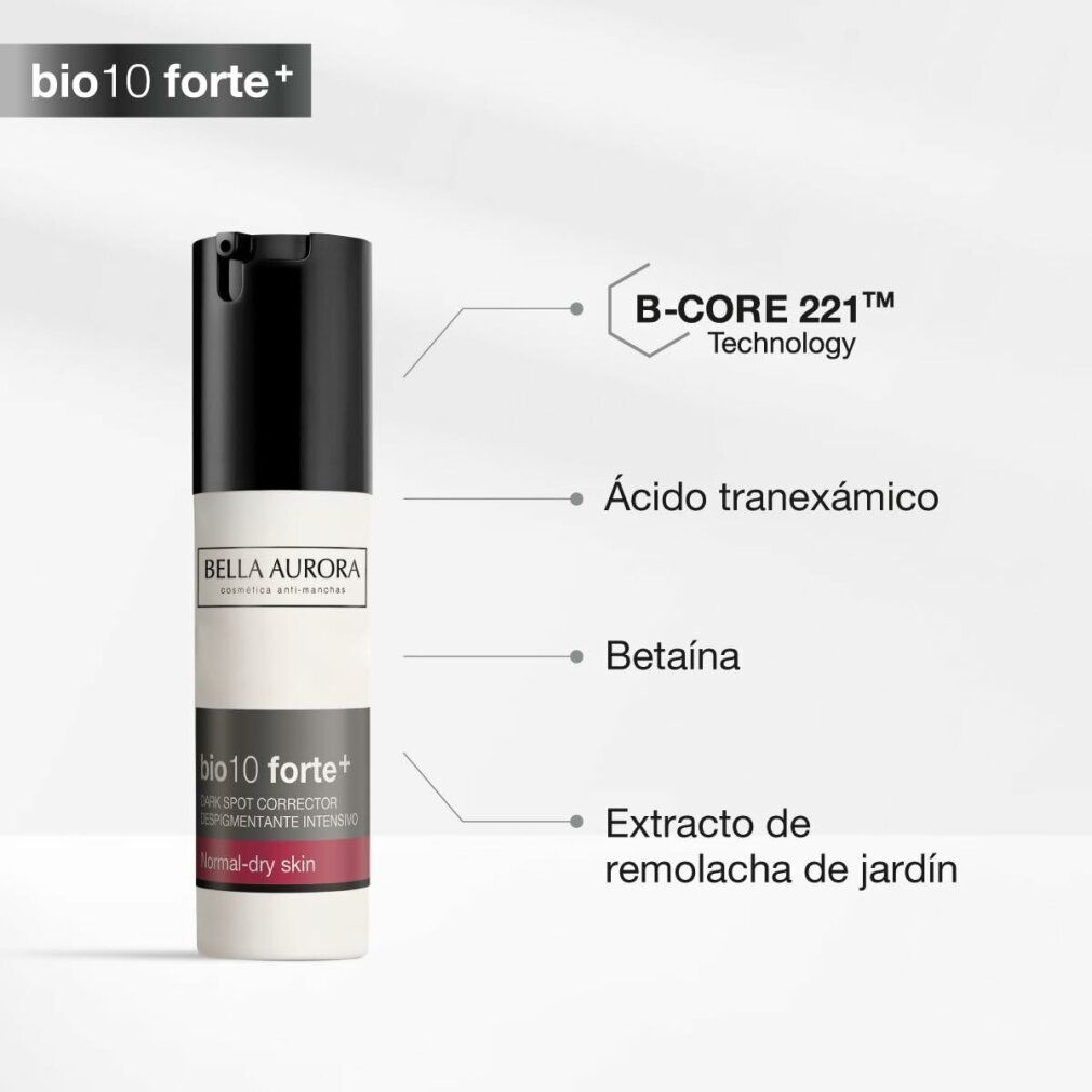 Flacone Bella Aurora Bio Forte 10+. Nome e testo del prodotto visibili. Etichette: Tecnologia B-CORE 221, Acido tranexamico, Betaina.